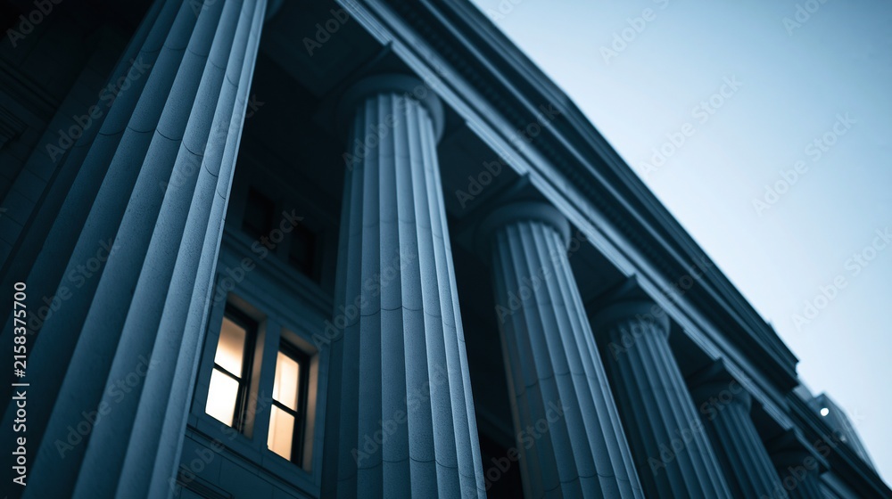 Fototapeta premium Low angle view of classical government building columns against twilight sky with illuminated windows