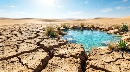 A cracked desert landscape features a vibrant, turquoise pool of water nestled within a network of deep fissures.