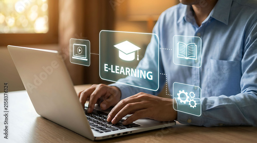 Plakat E learning online education concept with man typing on laptop computer
