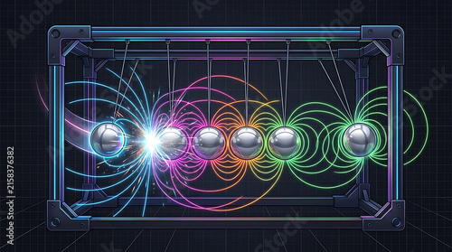 Plakat w ramie Newton's cradle with colorful magnetic field lines demonstrating physics principles