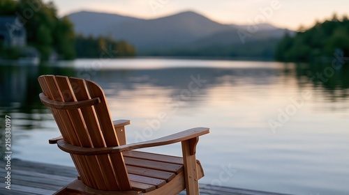Empty wooden adirondack chair sits on a lakeside dock facing calm water and distant mountains during peaceful twilight hours.
