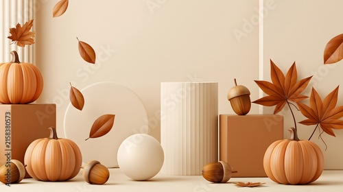 premium 3D autumn seasonal illustration, stylized pumpkins, falling leaves, acorns and smooth geometric forms, warm orange brown beige palette, contemporary minimal design, soft studio lighting,