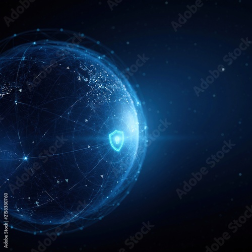 Glowing blue digital globe with network lines and shield icon symbolizing global cybersecurity protection in space