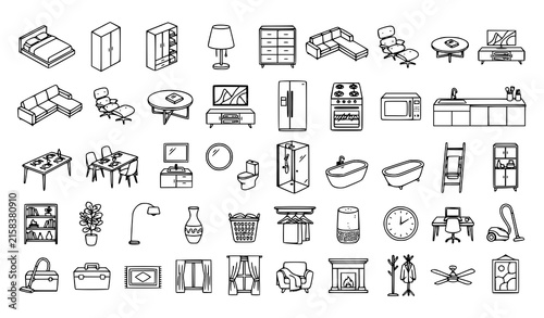 Modern Home Furniture Kitchen Bedroom Bathroom Interior Editable Vector Icon Pack