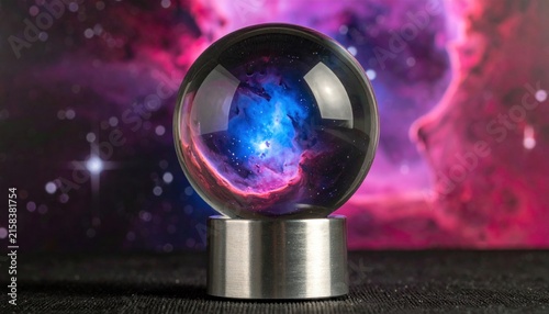 Illuminated Crystal Orb Featuring a Vibrant Nebula and Inside on a Metallic Stand
