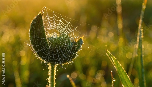 Intricate Spider Web Adorned With Sparkling Dew Drops Illuminated by Golden Morning Sunlight
