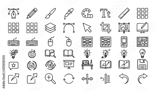 Digital Design Tools Software Creative Process Thin Line Vector Icon Collection