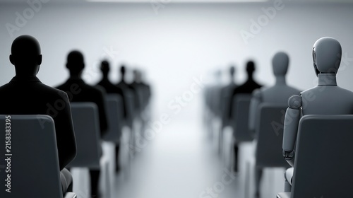 Silhouetted human figures and a robotic figure seated in rows facing forward in a minimalist bright room