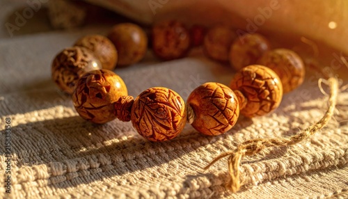 Intricately carved wooden prayer beads bracelet with detailed organic patterns