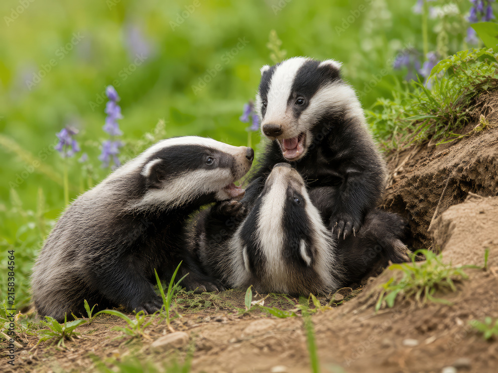 Obraz premium Playful European Badger Cubs Outside Burrow in Green Spring Forest
