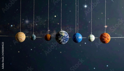 Miniature Solar System Model with Spherical Planets Suspended Against Starry Night Sky