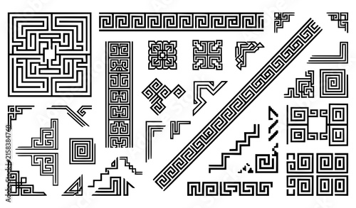 Vintage Greek Key Linear Border Patterns and Classic Geometric Corner Dividers Vector Set for Decorative Menu Borders, Framing, and Historical Illustrations