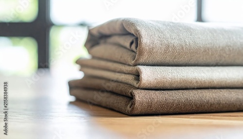 Neatly Folded Stack of Textured Natural Linen Fabrics in Earthy Tones