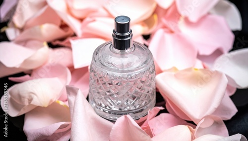 Ornate Frosted Glass Perfume Bottle Surrounded by Soft Pink Rose Petals