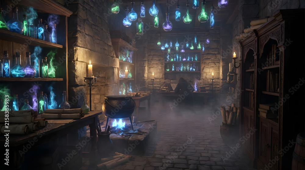 Fototapeta premium Fantasy alchemy laboratory with glowing potion bottles.