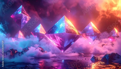 Radiant Crystalline Pyramids Floating Amidst Ethereal Cosmic Clouds with Vibrant Neon Hues