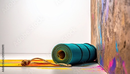 Rolled Teal Yoga Mat Secured with Straps Next to Colorful Artwork and Textured Rope on Floor