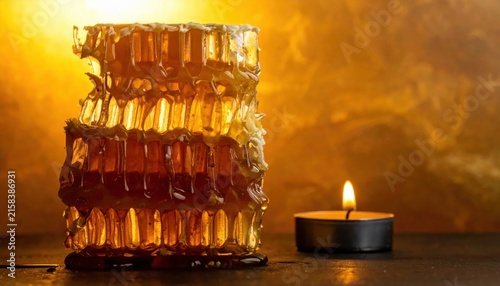 Rich Liquid Honey Dripping from a Honeycomb Structure Illuminated by a Warm Candle Flame