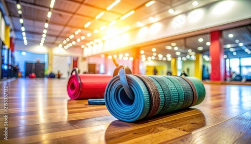 Rolled Yoga Mats Arranged on Wooden Floor in Bright Fitness Studio