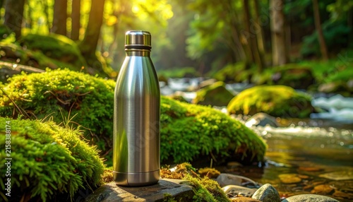 Sleek stainless steel water bottle resting on a mossy rock by a sunlit forest stream