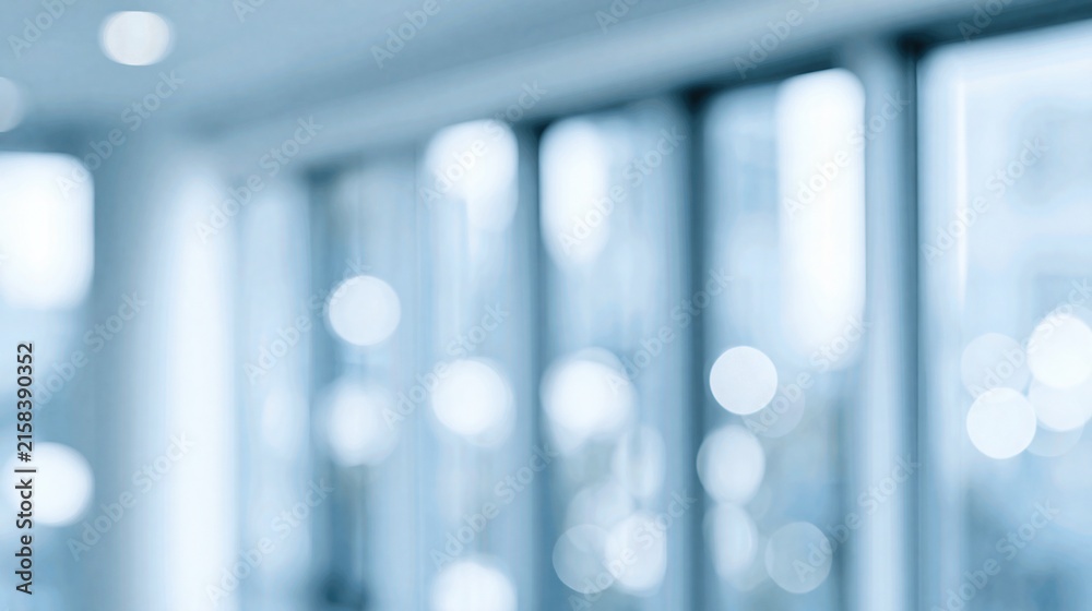 Fototapeta premium Abstract blue blurred background with bokeh lights and vertical lines suggesting modern office windows