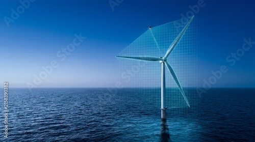 Offshore wind turbine generating renewable energy with blue holographic digital twin grid overlay against clear daytime ocean horizon for sustainable power concept