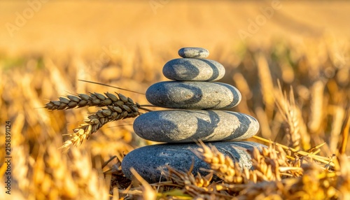 Stacked Zen Stones Amidst Golden Wheat Field Bathed in Warm Sunlight