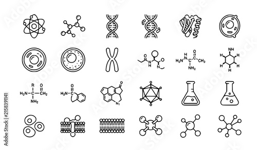 Molecule cell atom and protein editable stroke outline icons vector set