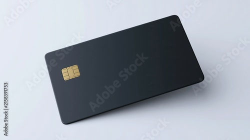 A sleek black credit card with a gold chip rests on a clean white surface, showcasing modern financial technology design.