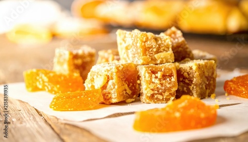 Sweet Orange and Almond Candies Piled Together with Bright Candied Peel Slices