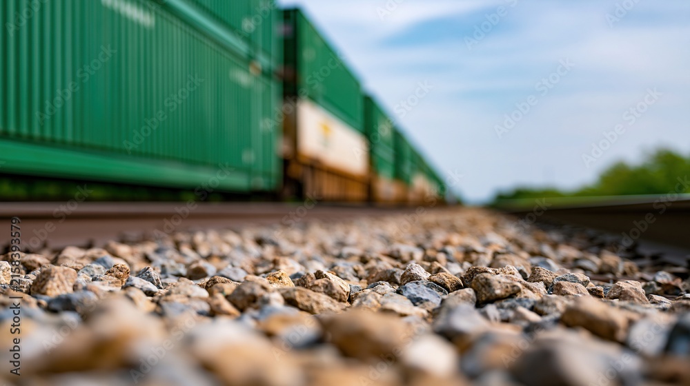 Fototapeta premium Low angle view of green cargo containers on a freight train moving along railway tracks over gravel ballast under blue sky
