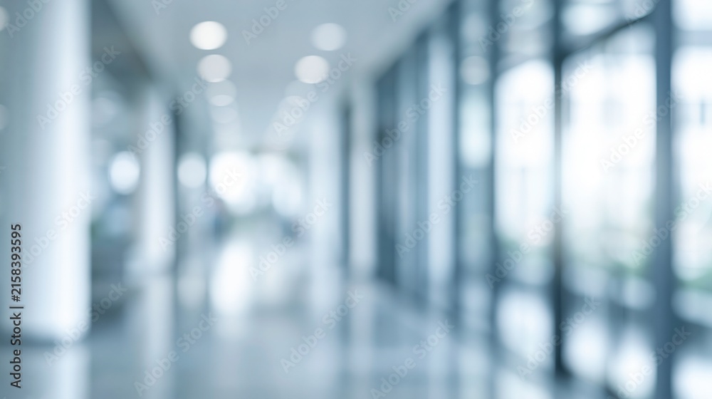 Fototapeta premium Abstract blurred view of a modern office corridor with glass walls and overhead lighting creating soft bokeh effects.
