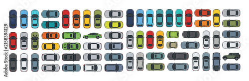 Top view car CAD symbols with color fills, flat vehicle blocks for architectural site plans, parking layouts, traffic planning, urban design and transportation diagrams.