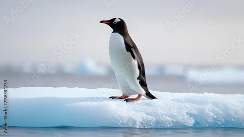 Gentoo penguin standing gracefully on a floating ice floe in Antarctica