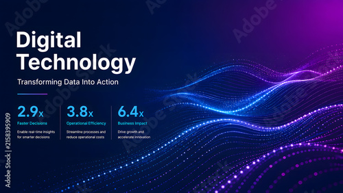 Digital technology banner displays glowing wave lines with data transformation metrics and text. Futuristic big data analytics vector concept. Ideal for corporate tech presentations.