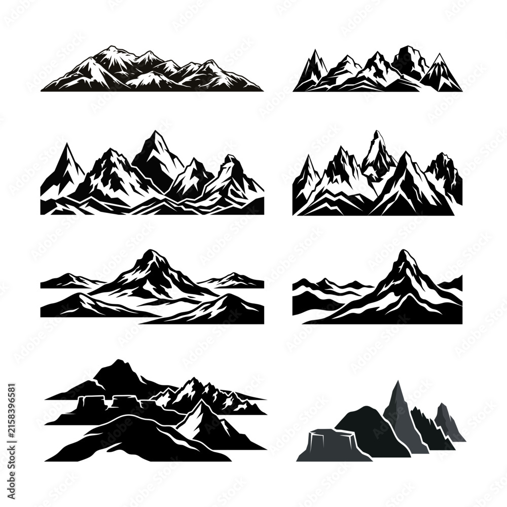Fototapeta premium Black Mountain Range Silhouette Collection Set Isolated Logo Icon 
