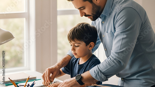 Father Helping Little Son With Homework at Home