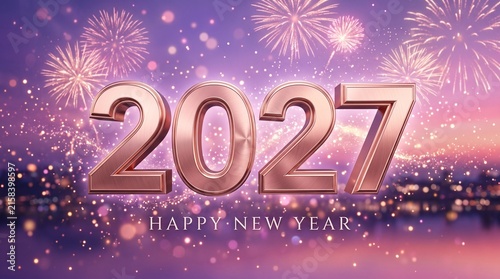 Metallic rose gold numbers twenty twenty seven shine brightly during the spectacular annual pyrotechnic display which marks the grand arrival of the upcoming calendar year with joy
