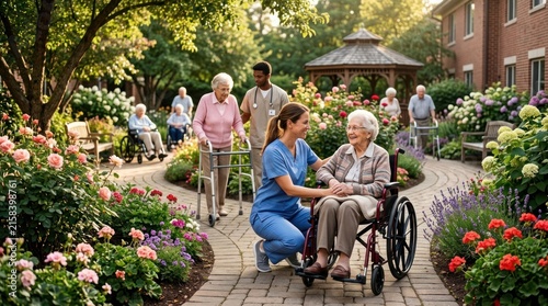 Caring nurses assist elderly residents in a beautiful garden setting at a senior living facility.