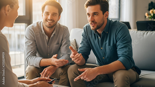 Friends or colleagues talking in bright living room