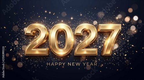 Shiny golden numbers representing the upcoming year twenty twenty seven appear amidst a brilliant shower of glowing festive particles to celebrate the arrival of a joyful new seasonal holiday