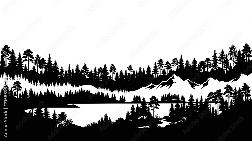 Fototapeta premium Stylized black and white line art landscape with mountains forest and lake reflection