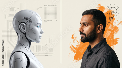 Robot Facing Man Exchanging Ideas Split Context Dual Concept