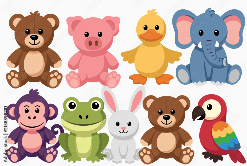 Naklejka premium Sweet collection of various stuffed animal toys including a bear pig duck and elephant for children in a nursery or toy store setting.