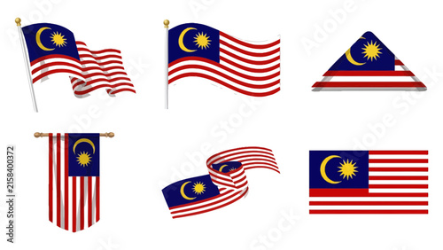 Malaysia national flag collection with yellow crescent and star featuring distinct red blue stripes.