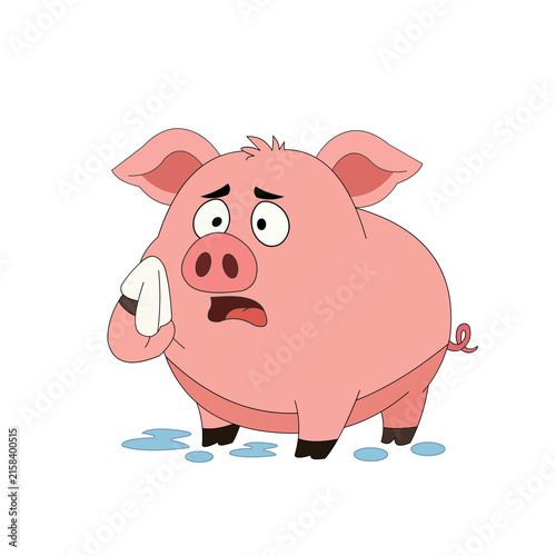Cute pink cartoon pig character isolated on white background with playful surprised expression