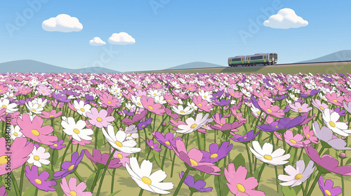 満開のコスモス畑と走る列車のアニメ調イラスト