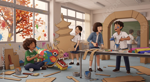文化祭の準備を楽しむ学生たちの3Dイラスト