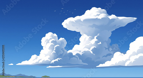 夏の海と青空に広がる入道雲のアニメ調イラスト