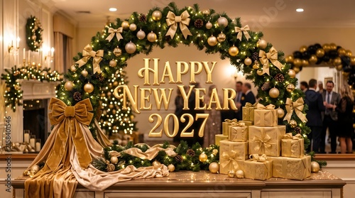 Happy New Year 2027 Decorated with Gold and Greenery